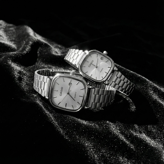 Casio Gray Vintage Watch Couple Set Snow White Dial